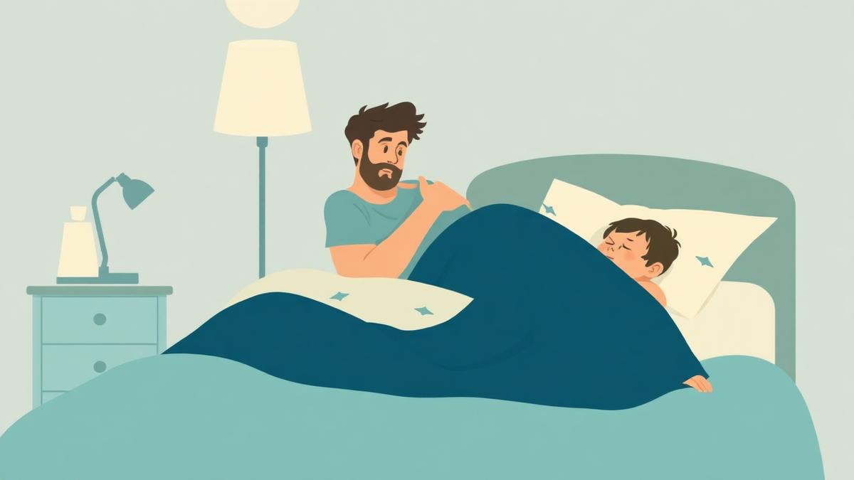 A tired parent sitting awake on the edge of a bed at night beside a sleeping child